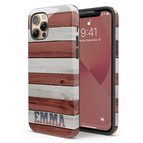 Wooden American Flag Custom Name iPhone Case
